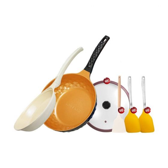Korea King Diamond x Ceramic (Gold) กระทะ โคเรียคิง ไดมอนด์ เอ็กซ์ เซรามิก (สีทอง) (28cm) 1 ใบ Korea King Colormic (Frypan) กระทะ โคเรียคิง คัลเลอมิค ก้นแบน (24cm) 1ใบ แถมฟรี ตะหลิว (สีขาว) 1 อัน + ตะหลิว ซิลิโคน (สีส้ม) 2 อัน + ฝาแก้ว (รุ่น Ceramic) 