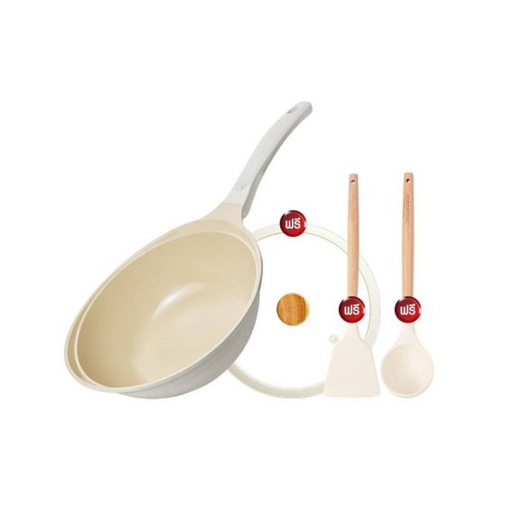 Korea King Colormic (Wok) กระทะ โคเรียคิง คัลเลอมิค ก้นลึก (26cm) 1 ใบ + แถมฟรี ตะหลิว (สีขาว) 1 อัน + กระบวยสีขาว) 1 อัน + ฝาแก้ว (สีขาว รุ่น Colormic ) 1 อัน