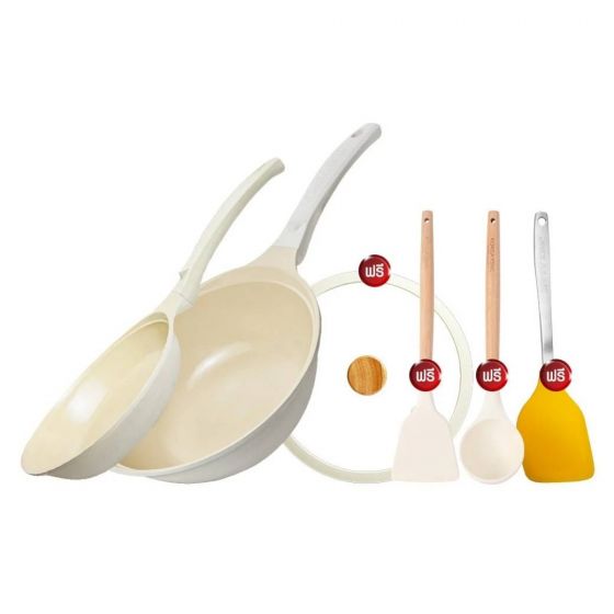 Korea King Colormic (Wok) กระทะ โคเรียคิง คัลเลอมิค ก้นลึก (26cm) 1 ใบ Korea King Colormic (Fry pan) กระทะ โคเรียคิง คัลเลอมิค ก้นแบน (24cm) 1 ใบ แถมฟรี ตะหลิว (สีขาว) 1 อัน + กระบวย 1 อัน+ ตะหลิว ซิลิโคน (สีส้ม) 1 อัน + ฝาแก้ว (สีขาว รุ่น Colormic ) 1