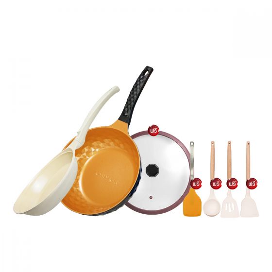 Korea King Diamond x Ceramic (Gold) กระทะ โคเรียคิง ไดมอนด์ เอ็กซ์ เซรามิก (สีทอง) (28cm) 1 ใบ Korea King Colormic (Frypan) กระทะ โคเรียคิง คัลเลอมิค ก้นแบน (24cm) 1ใบ แถมฟรี ชุดตะหลิว ซิลิโคน (ด้ามไม้) 3 ชิ้น + ตะหลิว ซิลิโคน (สีส้ม) 1 อัน + ฝาแก้ว 1