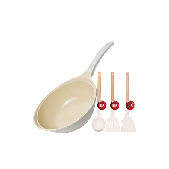 Korea King Colormic (Wok) กระทะ โคเรียคิง คัลเลอมิค ก้นลึก (26cm) 1 ใบ + แถมฟรี ชุดตะหลิว ซิลิโคน (ด้ามไม้) 3 ชิ้น