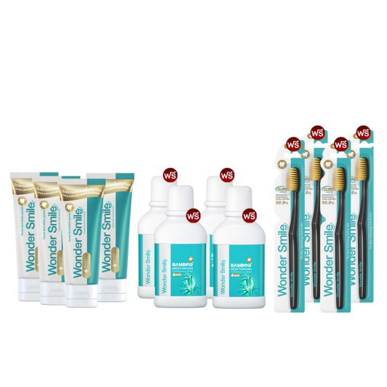 Wonder Smile ยาสีฟัน วันเดอร์สไมล์ (80ml.) 4 หลอด + แถมฟรี Wonder Smile Bamboo Mouthwash น้ำยาบ้วนปาก (300ml) 4 ขวด + Wonder Smile แปรงสีฟัน 4 ด้าม