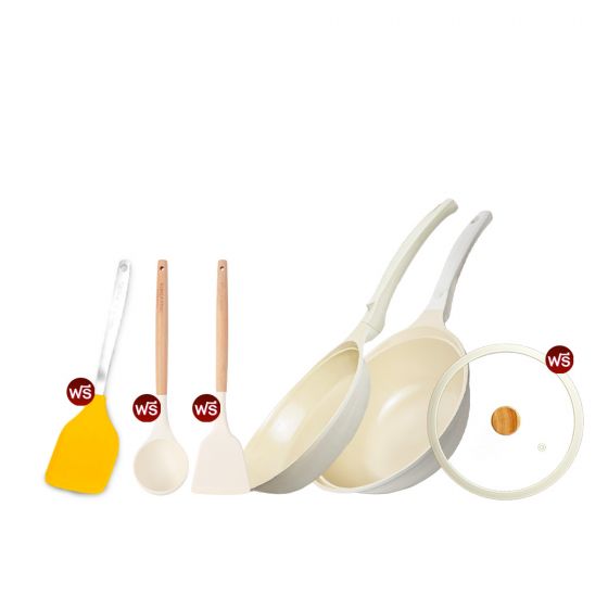 Korea King Colormic (Wok) กระทะ โคเรียคิง คัลเลอมิค ก้นลึก (26cm) 1 ใบ พร้อมฝาแก้ว + Korea King Colormic (Fry Pan) กระทะ โคเรียคิง คัลเลอมิค ก้นแบน (24cm) 1 ใบ + แถมฟรี ตะหลิว Colormic 1 อัน + กระบวย Colormic 1 อัน + ตะหลิว ซิลิโคน (สีส้ม) 1 อัน