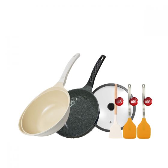 Korea King Diamond x Ceramic (Ultra Grey) กระทะ โคเรียคิง ไดมอนด์ เอ็กซ์ เซรามิก (สีเทาอัลตร้า) (28cm) 1 ใบ (28cm) 1 ใบ Korea King Colormic (Wok) กระทะ โคเรียคิง คัลเลอมิค ก้นลึก (26cm) 1 ใบ แถมฝาแก้วCeramic 1 อัน + ตะหลิวซิลิโคน 2 อัน + ตะหลิวซิลิโคน2
