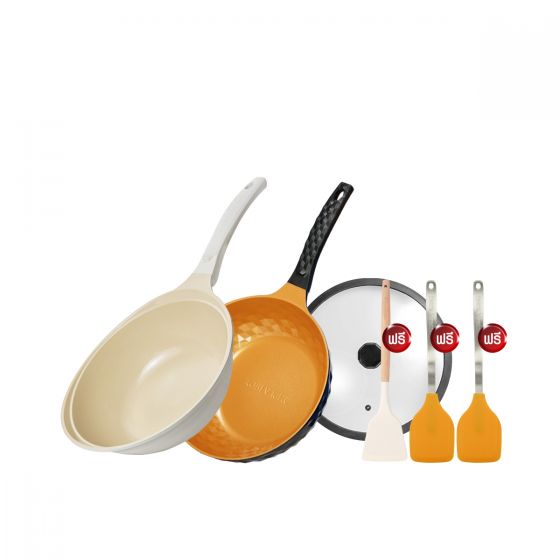 Korea King Diamond x Ceramic (Gold) กระทะ โคเรียคิง ไดมอนด์ เอ็กซ์ เซรามิก (สีทอง) (28cm) 1 ใบ Korea King Colormic (Wok) กระทะ โคเรียคิง คัลเลอมิค ก้นลึก (26cm) 1 ใบ แถมฟรี ฝาแก้ว รุ่น Ceramic 1 อัน + ตะหลิว ซิลิโคน 2 อัน + ตะหลิว Colormic 1 อัน