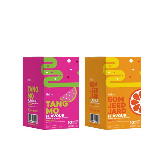 SHINE Tangmo - ผลิตภัณฑ์เสริมอาหาร ชายน์ รสแตงโม (10ซอง) 1 กล่อง + SHINE Som Jeed Jard - ผลิตภัณฑ์เสริมอาหาร ชายน์ รสส้มจี๊ดจ๊าด (10ซอง) 1 กล่อง