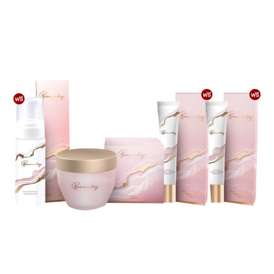 Beaualis Anti-Aging Serum (30g.) 1 กล่อง + Beaualis Sunscreen UV (20g.) 2 กล่อง + แถมฟรี Beaualis Cleansing Foam (150ml.) 1 กล่อง