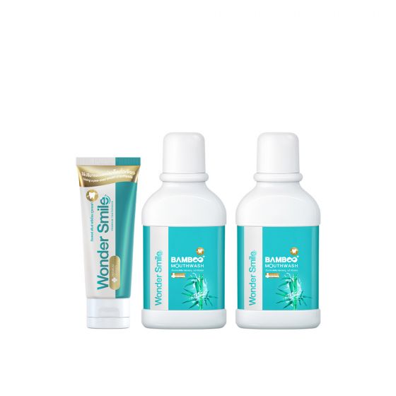 Wonder Smile วันเดอร์สไมล์ ยาสีฟันผู้ใหญ่ (80ml.) 1 หลอด + Wonder Smile Bamboo Mouthwash น้ำยาบ้วนปาก (300ml) 2 ขวด 