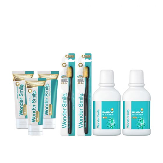 Wonder Smile วันเดอร์สไมล์ ยาสีฟันผู้ใหญ่ (80ml.) 3 หลอด + Wonder Smile Bamboo Mouthwash น้ำยาบ้วนปาก (300ml) 2 ขวด + Wonder Smile แปรงสีฟัน 2 ด้าม 