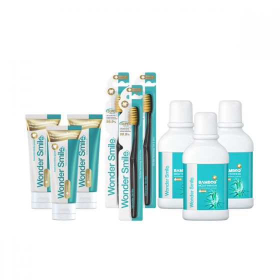 Wonder Smile วันเดอร์สไมล์ ยาสีฟันผู้ใหญ่ (80ml.) 3 หลอด + Wonder Smile Bamboo Mouthwash น้ำยาบ้วนปาก (300ml) 3 ขวด + Wonder Smile แปรงสีฟัน 3 ด้าม 
