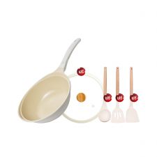 Korea King Colormic (Wok) กระทะ โคเรียคิง คัลเลอมิค ก้นลึก (26cm) 1 ใบ + แถมฟรี ชุดตะหลิว ซิลิโคน (ด้ามไม้) 3 ชิ้น + ฝาแก้ว (รุ่น Colormic ) 1 อัน