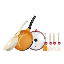 Korea King Diamond x Ceramic (Gold) กระทะ โคเรียคิง ไดมอนด์ เอ็กซ์ เซรามิก (สีทอง) (28cm) 1 ใบ Korea King Colormic (Frypan) กระทะ โคเรียคิง คัลเลอมิค ก้นแบน (24cm) 1ใบ แถมฟรี ชุดตะหลิว ซิลิโคน (ด้ามไม้) 3 ชิ้น + ตะหลิว ซิลิโคน (สีส้ม) 1 อัน + ฝาแก้ว 1