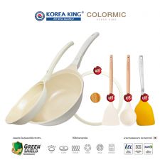 Korea King Colormic (Wok) กระทะ โคเรียคิง คัลเลอมิค ก้นลึก (26cm) 1 ใบ Korea King Colormic (Fry pan) กระทะ โคเรียคิง คัลเลอมิค ก้นแบน (24cm) 1 ใบ แถมฟรี ตะหลิว (สีขาว) 1 อัน + กระบวย 1 อัน+ ตะหลิว ซิลิโคน (สีส้ม) 1 อัน + ฝาแก้ว (สีขาว รุ่น Colormic ) 1