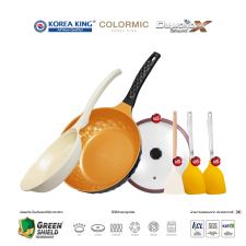 Korea King Diamond x Ceramic (Gold) กระทะ โคเรียคิง ไดมอนด์ เอ็กซ์ เซรามิก (สีทอง) (28cm) 1 ใบ Korea King Colormic (Frypan) กระทะ โคเรียคิง คัลเลอมิค ก้นแบน (24cm) 1ใบ แถมฟรี ตะหลิว ซิลิโคน (สีส้ม) 2 อัน + ตะหลิว (สีขาว) 1 อัน +ฝาแก้ว (รุ่น Ceramic) 1